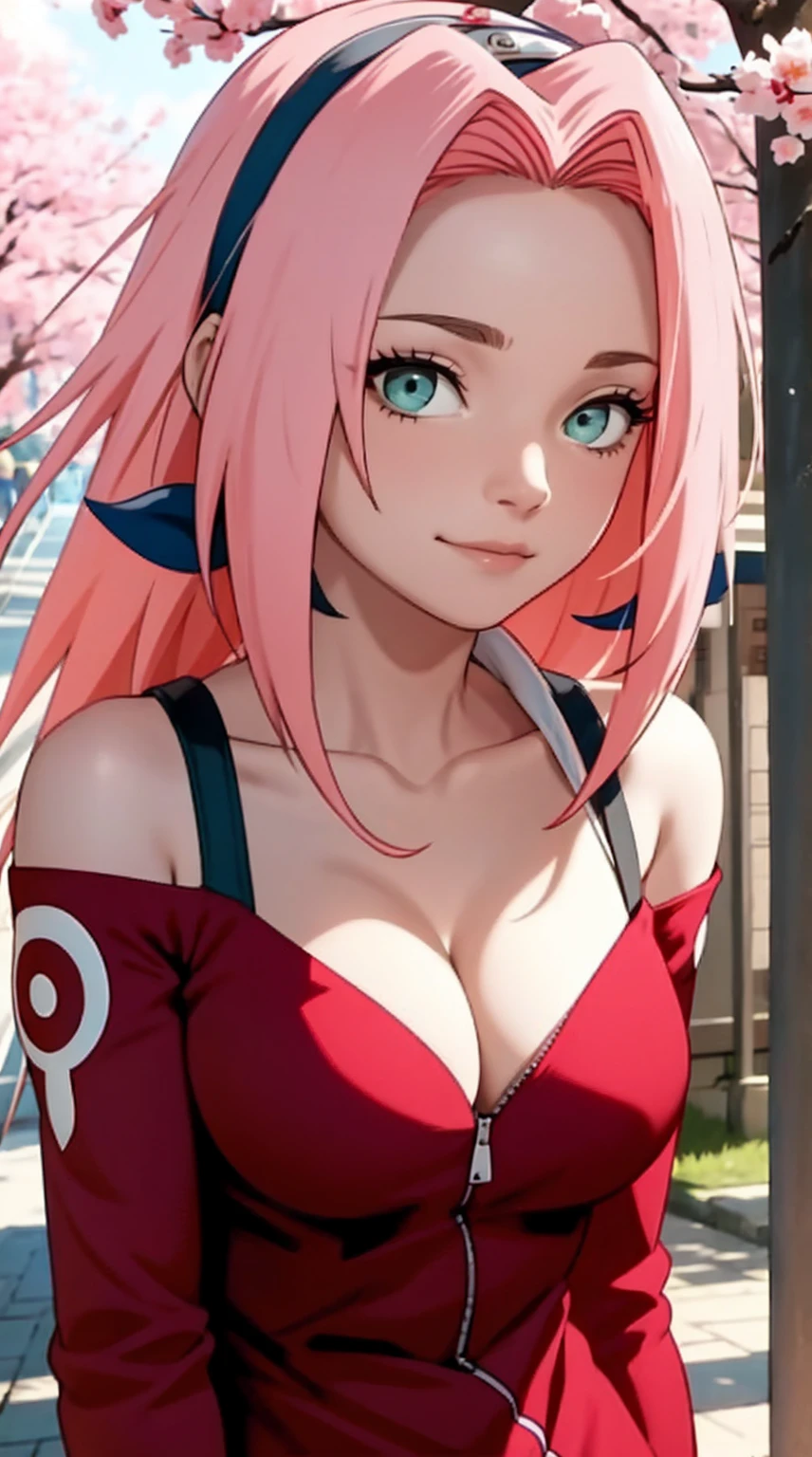 tmasterpiece, Best quality at best, 1girll, Sakura Haruno, Large breasts,Off-the-shoulder attire,(cleavage),(upperbody closeup),Raised sexy,is shy,ssmile,with pink hair, long whitr hair, (Green eyeballs:1.4), Forehead protection, the cherry trees,Cherry blossoms flying,Red clothes,Zipper pulled down far, very deep cleavage, revealing dress, breasts mostly visible, slutty,