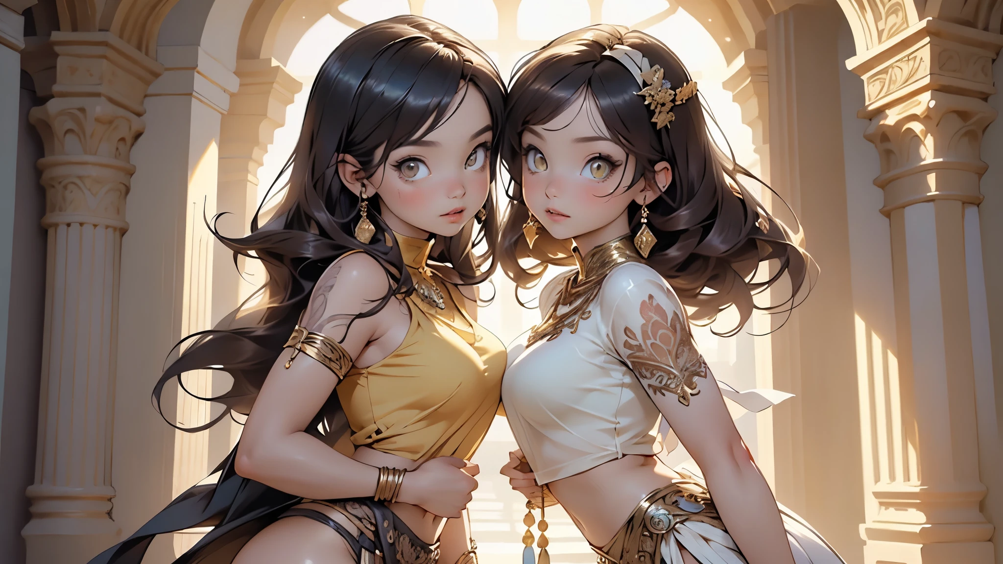 2girls,multiple girls,(((beautiful brunettes identical twins in middle of composition:1.5))),(brunette long hair:1.5),detailed and intricate,very enormous breast:1.7),(((yellow_eyes:1.3))),intricate eyes,beautiful detailed eyes,symmetrical eyes,(((lustrous skin:1.5,bright skin: 1.5,skin tanned,shiny skin,very shiny skin,shiny body,plastic glitter skin,exaggerated shiny skin,illuminated skin))), shiny lips, very big ass,inflated legs,thick thighs,(symmetrical detailed face:1.7),toned, sexy, nsfw,
sexy,zettai ryouiki,tiny clothes,show skin,(arabian clothes, harem outfit, arabian dancing girl, belly dancer outfit, sex slave, jewelry, sheer loincloth, pelvic curtain, midriff, bracelets,),(arabian jewelry,intricate necklace),((((silk loincloth:1.5,transparent loincloth)))),navel:1.5,(((gold clothes))),
(dynamic pose:1.0),embarrassed,(centered,scale to fit dimensions,Rule of thirds),
indoors,(huge columns of an Arab palace,arab palace,arab palace background),scenery,extremely scenery,arab style,
(Glossy arab ornaments),highres,sharp focus,(ultra detailed,extremely detailed),(photorealistic artwork:1.37),(extremely detailed CG unity 8k wallpaper),(((vibrant colors,vibrant theme))),(intricate),(masterpiece),(best quality),artistic photography,(photography taken by sldr),(intricate background),perfect rendered face,perfect face details,realistic face,photo realistic,((intricate detail)),(((realism))),