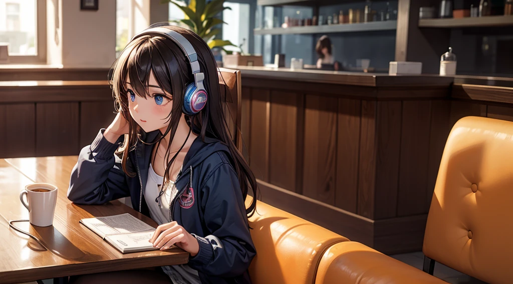 Girl with headphones enjoying music in a cafe　I am studying　Emphasize a little bit of the chest