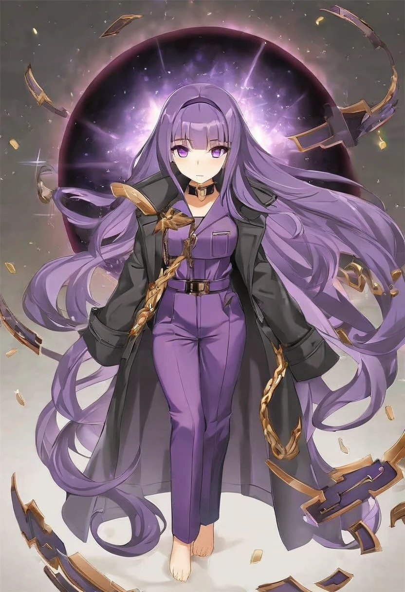 Athena,Extra long purple hair,Purple Eyes,Appearance is that of an adult female,Purple jumpsuit,Black trench coat,There are small purple and gold decorations,The long jumpsuit is very sexy,barefoot,A black hole in the background universe,Purple black hole