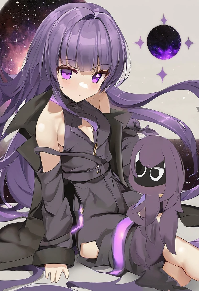 Athena，Extra long purple hair，Purple Eyes，Appearance is that of an adult female，Purple jumpsuit，Black trench coat，There are small purple and gold decorations，The long jumpsuit is very sexy，barefoot，A black hole in the background universe，Purple black hole