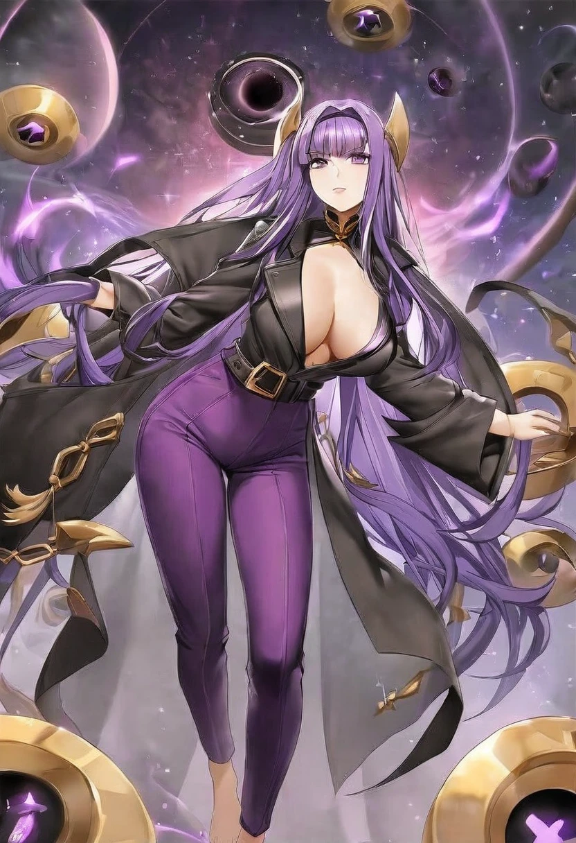 Athena,Extra long purple hair,Purple Eyes,Appearance is that of an adult female,Purple jumpsuit,Black trench coat,There are small purple and gold decorations,The long jumpsuit is very sexy,barefoot,A black hole in the background universe,Purple black hole