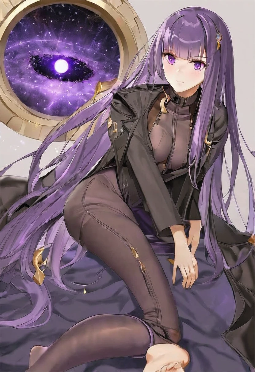 Athena，Extra long purple hair，Purple Eyes，Appearance is that of an adult female，Purple jumpsuit，Black trench coat，There are small purple and gold decorations，The long jumpsuit is very sexy，barefoot，A black hole in the background universe，Purple black hole