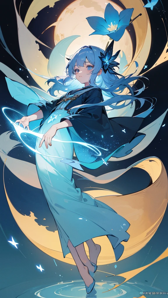 Highest quality,masterpiece,Detailed Details,Super detailed,colorful,The background is the deep blue sea,Transparency,Use HDR technology to create a sense of depth,beautiful,beautiful自然,5 year old girl,Alone,Wearing a wizard's robe,Stand in the center of the screen,The whole body faces this way,Look diagonally forward to the left,Put your right hand forward in a three-dimensional way,A star-like light from the right,Light magic from the right hand,Narrow and gentle eyes,mysterious,Silver hair decorated with blue flowers,Fantasy atmosphere,beautiful虹色の蝶々is flying in the air