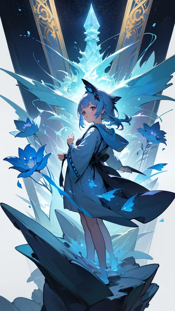 Highest quality,masterpiece,Detailed Details,Super detailed,colorful,The background is the deep blue sea,Transparency,Use HDR technology to create a sense of depth,beautiful,beautiful自然,5 year old girl,Alone,Wearing a wizard's robe,Stand in the center of the screen,The whole body faces this way,Look diagonally forward to the left,Put your right hand forward in a three-dimensional way,A star-like light from the right,Light magic from the right hand,Narrow and gentle eyes,mysterious,Silver hair decorated with blue flowers,Fantasy atmosphere,beautiful虹色の蝶々is flying in the air