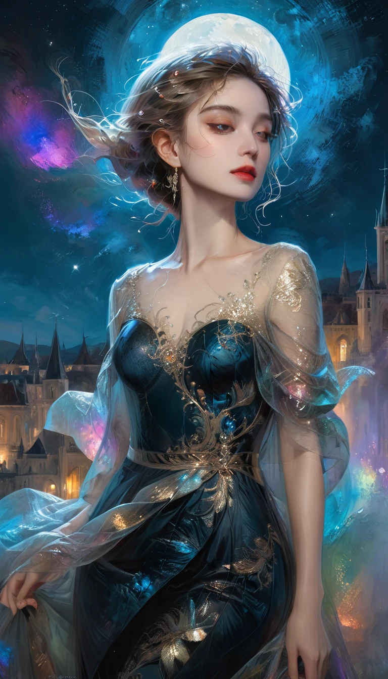 A beautiful solo princess, elegant, detailed, beautiful, (Rubens style), (Romanesque background), (Night Sky), elegant detailed dress, (Artwork by dgtlv2、Henry Asencio、zeen chin、by josephine wall and edwin deakin), (masterpiece), (Good anatomy),