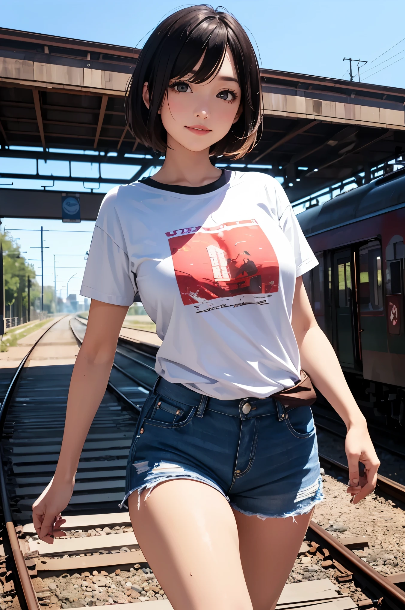 (best quality, ultra detailed, absolutely resolution:1.3), (realistic), looking at viewer, cheerful girl, female Traveler, cowboy shot, walking, T-shirt, short shorts, short hair, Huge railroad station,