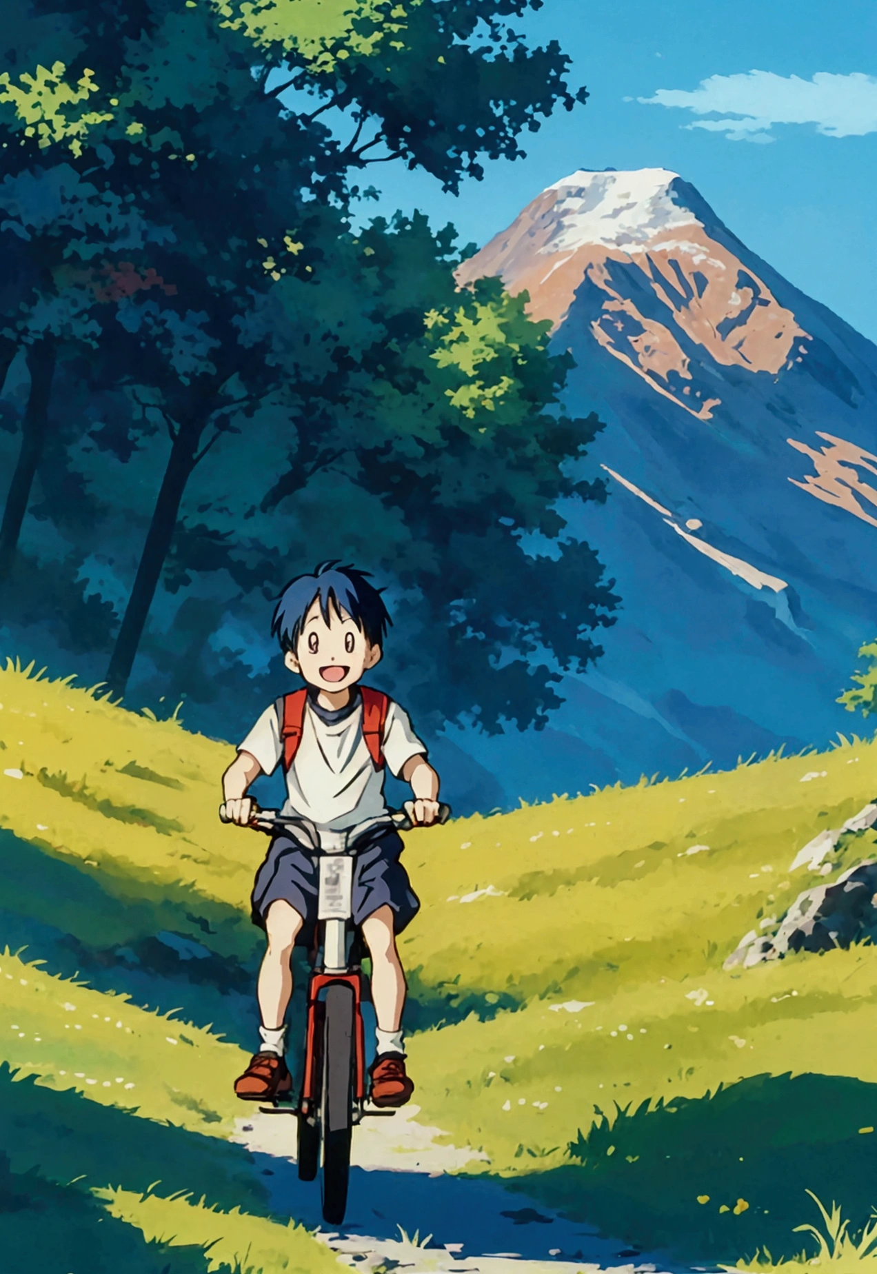 A cheerful young man riding a bicycle in countryside of Japan. It's a bright, sunny day with a clear blue sky, and in the background, the majestic Mount Fuji is visible. The scene is serene and vibrant, with lush green fields and traditional Japanese rural landscapes surrounding him