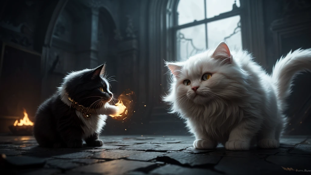 A cute white ghost playing with a white fluffy cat, both having a playful expression. The ghost has a small glow around it and the cat has a gold shine. The scene is set in a black room with rough paint strokes and rough texture, featuring black and dark black colors. It is a detailed matte painting with insanely detailed and deep color. The scene is minimalist, fantastical, and intricate, fitting a splash screen and fantasy concept art. The image is 8k resolution, trending on Artstation, and created with Unreal Engine 5. No writing.