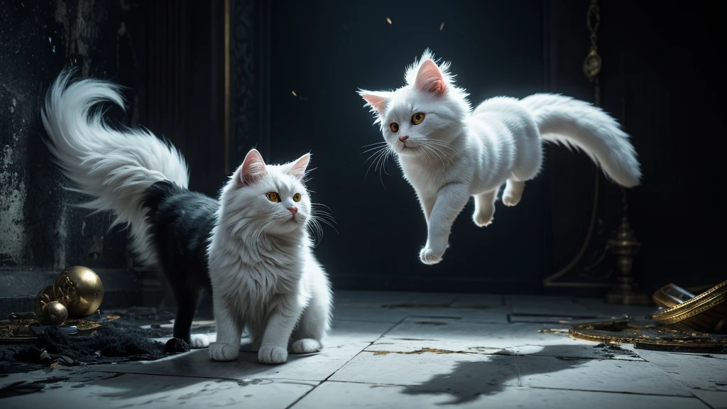 A cute white ghost playing with a white fluffy cat, both having a playful expression. The ghost has a small glow around it and the cat has a gold shine. The scene is set in a black room with rough paint strokes and rough texture, featuring black and dark black colors. It is a detailed matte painting with insanely detailed and deep color. The scene is minimalist, fantastical, and intricate, fitting a splash screen and fantasy concept art. The image is 8k resolution, trending on Artstation, and created with Unreal Engine 5. No writing.