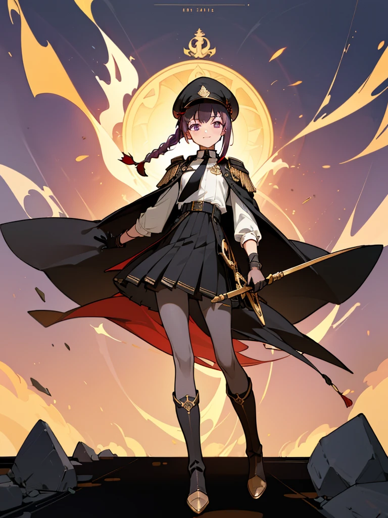 realisitic, City Deserted, Pile of rubble, Brick building, a one woman (18 years old, far away blackw hair, far away slits, Eyes red, glare eyes, 精致的面容, standing (In floor, feet shoulder-width apart), Lolita style military uniform (blackw base, Red Insert, golden decoration, volantes, wide sleeves, dainty and delicate detailing armors), blackw far away gloves (blackw, Red Insert, golden decoration, small hands, armors), blackw far away gloves, knee high boots (blackw, high-heels, red soles), ha (blackw, aba dourada, shield emblem, delicate details), arms in front, Front of belly, Holding military swords with both hands (blackw, golden decoration, delicate detail, Handle at the top, Ground-facing blade, in front of the body, far away), night sky (blackw, stele, Increased flames and smoke) Pale painting style, One Girl, super high quality, Super Detail, Super Detailed image, long hair, looking at viewer, skirt, shirt, hair ornament, violet eyes, gloves, round glasses, long sleeves, hat, closed mouth, jacket, violet hair, braid, open clothes, necktie, black gloves, black skirt, uniform, single braid, open jacket, black jacket, black headwear, 手链, peaked cap, black necktie, cropped jacket, military hat, pantyhose, Flat Chest, smile, Black Cape