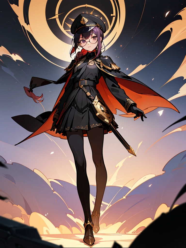 realisitic, City Deserted, Pile of rubble, Brick building, a one woman (18 years old, far away blackw hair, far away slits, Eyes red, glare eyes, 精致的面容, standing (In floor, feet shoulder-width apart), Lolita style military uniform (blackw base, Red Insert, golden decoration, volantes, wide sleeves, dainty and delicate detailing armors), blackw far away gloves (blackw, Red Insert, golden decoration, small hands, armors), blackw far away gloves, knee high boots (blackw, high-heels, red soles), ha (blackw, aba dourada, shield emblem, delicate details), arms in front, Front of belly, Holding military swords with both hands (blackw, golden decoration, delicate detail, Handle at the top, Ground-facing blade, in front of the body, far away), night sky (blackw, stele, Increased flames and smoke) Pale painting style, One Girl, super high quality, Super Detail, Super Detailed image, long hair, looking at viewer, skirt, shirt, hair ornament, violet eyes, gloves, round glasses, long sleeves, hat, closed mouth, jacket, violet hair, braid, open clothes, necktie, black gloves, black skirt, uniform, single braid, open jacket, black jacket, black headwear, 手链, peaked cap, black necktie, cropped jacket, military hat, pantyhose, Flat Chest, smile, Black Cape