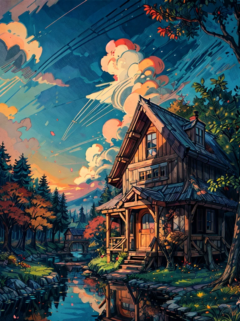 a hut surrounded by trees, line art, pretty sky, cart, shadow, shade, fall season, ghibli style, flowers, stone, lake, reflection, no humans, scenery, outdoors, sky, cloud, building, sign, house, window, plant, cloudy sky, bush, sunset, masterpiece, high resolution 