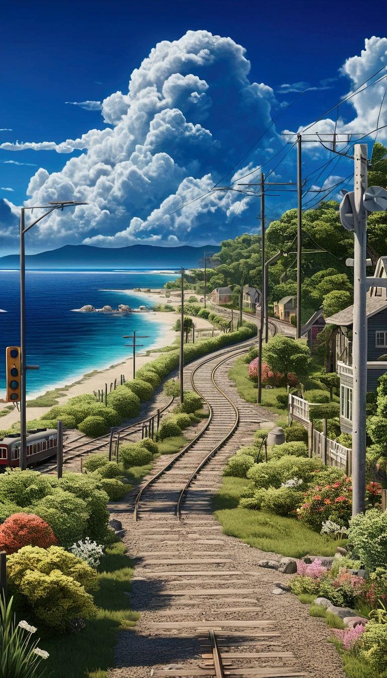 A railroad crossing with a view of the ocean and the tracks, summer clouds, a retro train running along the road. This animated landscape of a residential area, raytraced and perfectly shaded, is truly detailed and beautiful. (High Definition: 1.5)((Realistic))