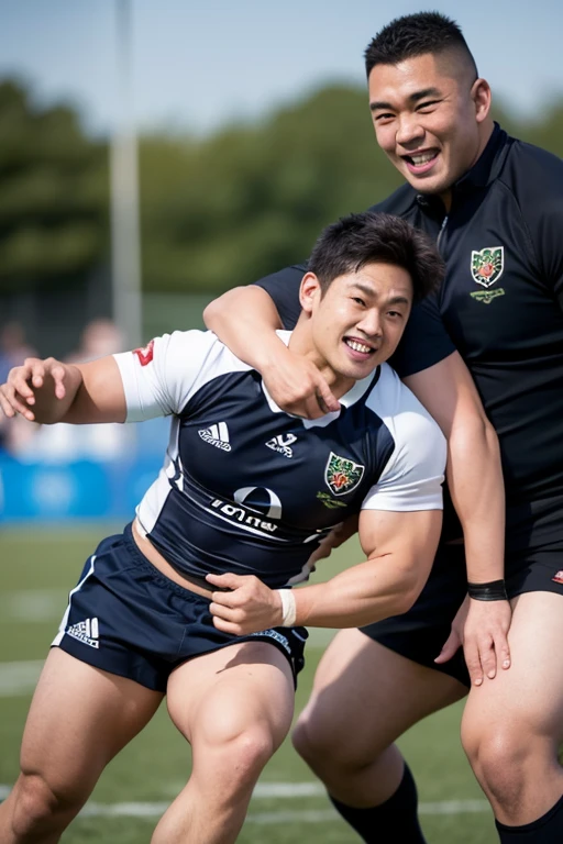 ３Two Japanese college rugby players standing naked, close your eyes, He frowned., scream in pain、grab an erect penis.。blue sky。Hair style: skin fade.。good looking。Masculine。Mischievous face。Brown Skin。single eyelid。A large amount of semen spurts out from the tip of the penis。The man on the right is touching the nipples of a naked man。