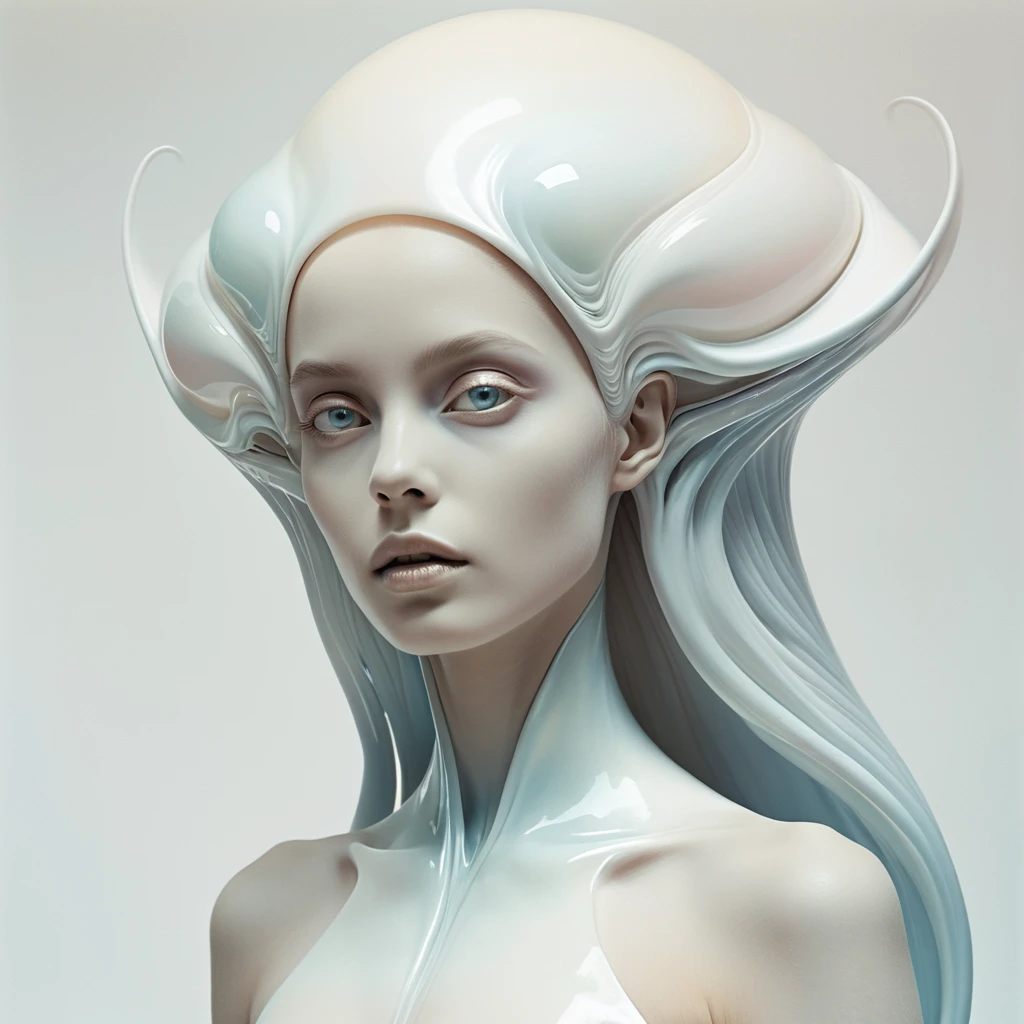 Surrealism, (White Ombre Color Scheme ,Opala ,iridescente ) Very beautiful alien woman TheWeirdies, Expressive, dramatic, organic lines and shapes, dreamy and mysterious, Surrealism