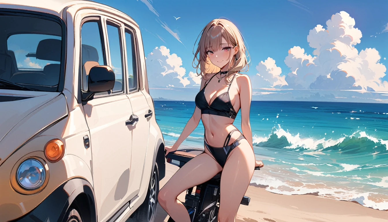 (masterpiece, Highest quality:1.2), 1 Girl, alone,Eyes open,Are you having fun,Tropical atmosphere,Riding in a car near the sea