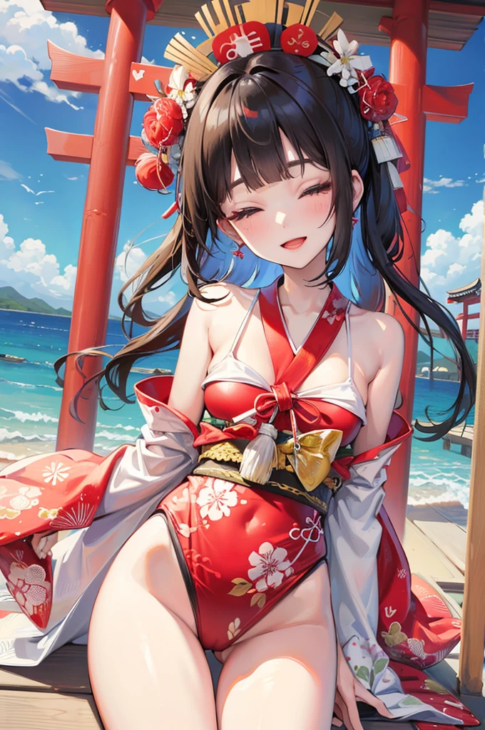 (pov kimono style swimsuit) (beautiful body), (solo:2, 15 yo, blunt bangs:1.3 black hair long hair sexy shrine girl, sexy closed eyes, happy smile), (in a japanese modern:1.3 shrine swimsuit, wabisabi:1.3, white and red, fundosi:1.3), break, in the Swimsuit contest venue, background Double Exposure beautiful ocean, BREAK, perfect anatomy, masterpiece, best quality, 16k, beautiful detailed love, sexy, daydreaming expression.