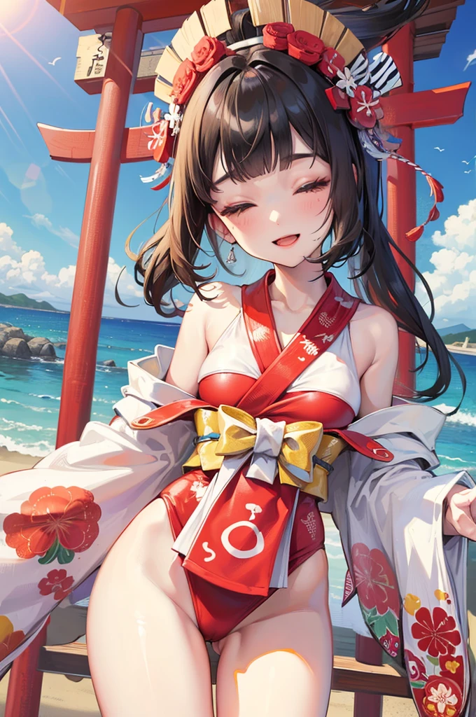 (pov kimono style swimsuit) (beautiful body), (solo:2, 15 yo, blunt bangs:1.3 black hair long hair sexy shrine girl, sexy closed eyes, happy smile), (in a japanese modern:1.3 shrine swimsuit, wabisabi:1.3, white and red, fundosi:1.3), break, in the Swimsuit contest venue, background Double Exposure beautiful ocean, BREAK, perfect anatomy, masterpiece, best quality, 16k, beautiful detailed love, sexy, daydreaming expression.