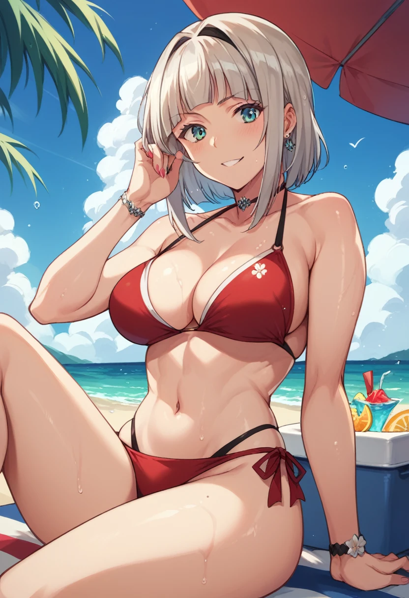 Anna Nishikinomiya wearing a bikini on a beach while bathing on the beach