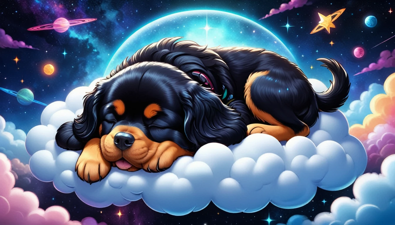 (Cute cartoon style:1.3), (((Close-up of a giant dog sleeping on a soft cloud))), (Sleek Cyberpunk Space Suit:1.2), ((Open your head)), Black fur, Magnificent cosmic landscapes, Black Hole, ((Shining Star)), Intricate Design, Bright colors, Masterpieces with up to 16K resolution, Highest quality, Super detailed, aesthetics, Absurd.