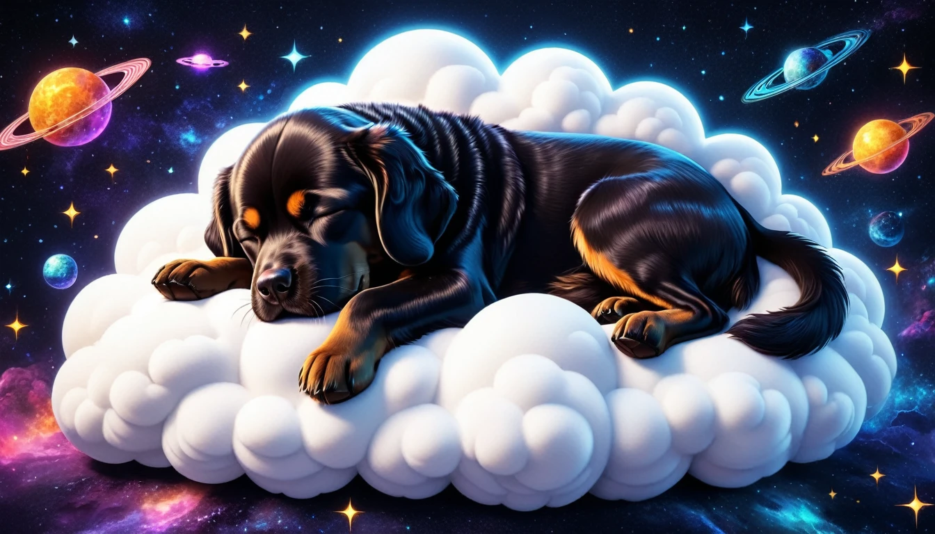 (Cute cartoon style:1.3), (((Close-up of a giant dog sleeping on a soft cloud))), (Sleek Cyberpunk Space Suit:1.2), ((Open your head)), Black fur, Magnificent cosmic landscapes, Black Hole, ((Shining Star)), Intricate Design, Bright colors, Masterpieces with up to 16K resolution, Highest quality, Super detailed, aesthetics, Absurd.