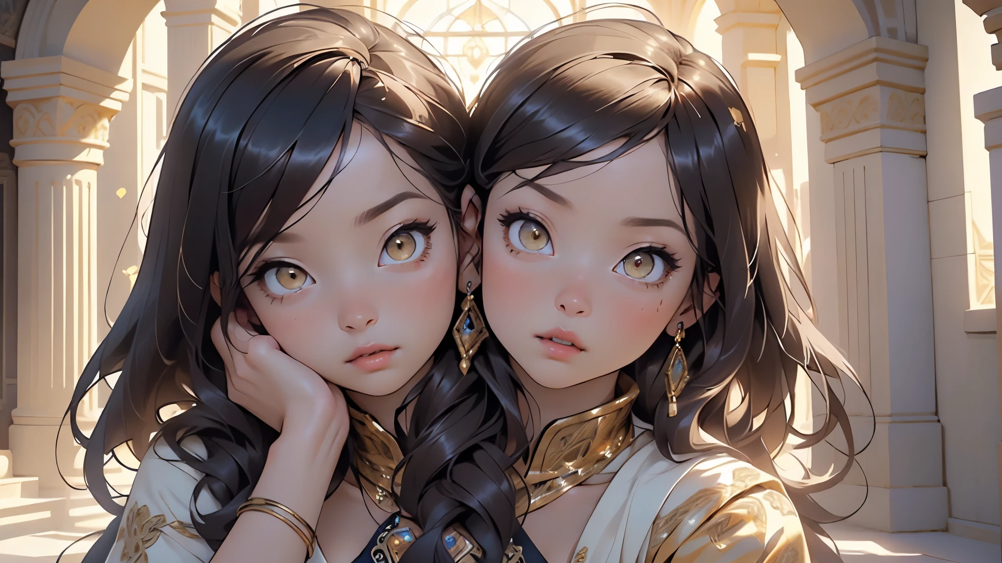 2girls,multiple girls,(((beautiful brunettes identical twins in middle of composition:1.5))),(brunette long hair:1.5),detailed and intricate,very enormous breast:1.7),(((yellow_eyes:1.3))),intricate eyes,beautiful detailed eyes,symmetrical eyes,(((lustrous skin:1.5,bright skin: 1.5,skin tanned,shiny skin,very shiny skin,shiny body,plastic glitter skin,exaggerated shiny skin,illuminated skin))), shiny lips, very big ass,inflated legs,thick thighs,(symmetrical detailed face:1.7),toned, sexy, nsfw,

sexy,zettai ryouiki,tiny clothes,show skin,(arabian clothes, harem outfit, arabian dancing girl, belly dancer outfit, sex slave, jewelry, sheer loincloth, pelvic curtain, midriff, bracelets,),(arabian jewelry,intricate necklace),((((silk loincloth:1.5,transparent loincloth)))),navel:1.5,(((gold clothes))),

(dynamic pose:1.0),embarrassed,(centered,scale to fit dimensions,Rule of thirds),

indoors,(huge columns of an Arab palace,arab palace,arab palace background),scenery,extremely scenery,arab style,

(Glossy arab ornaments),highres,sharp focus,(ultra detailed,extremely detailed),(photorealistic artwork:1.37),(extremely detailed CG unity 8k wallpaper),(((vibrant colors,vibrant theme))),(intricate),(masterpiece),(best quality),artistic photography,(photography taken by sldr),(intricate background),perfect rendered face,perfect face details,realistic face,photo realistic,((intricate detail)),(((realism))),
