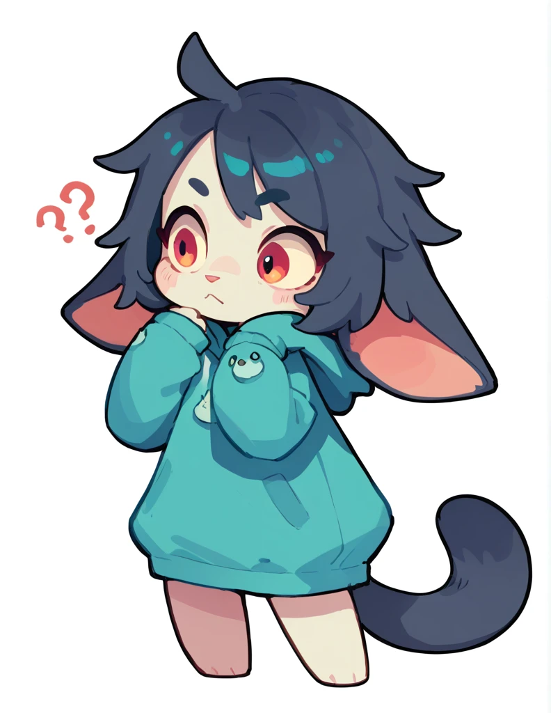 The Q version of the cute furry cat, confused expression, floppy ear, cute, white background, hoodie, full body