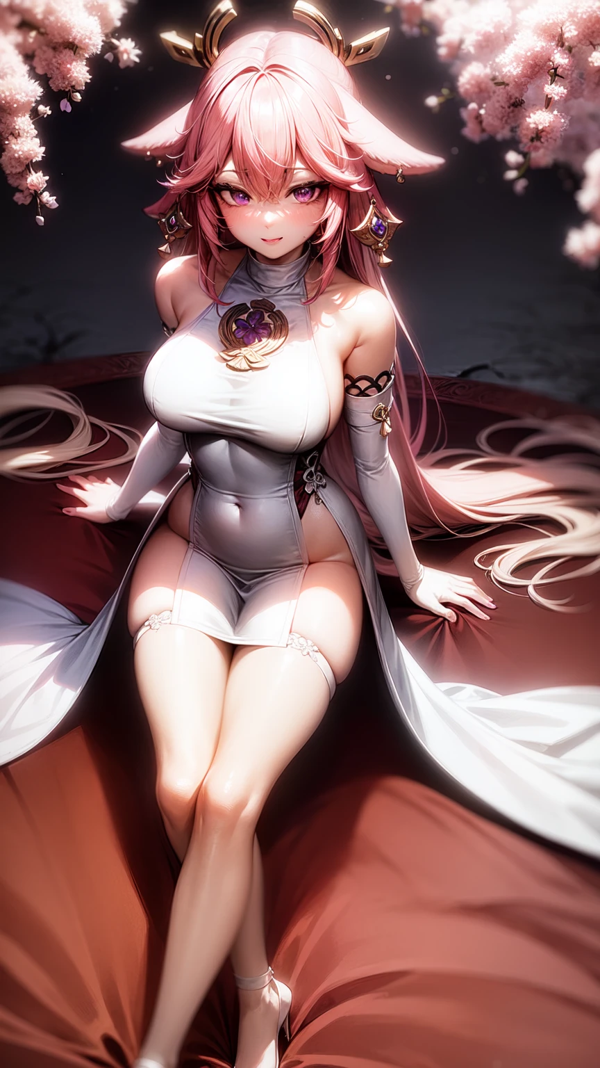 Yae Miko,purple eyes,Wedding Dress,long skirt,seductive face,legs open,whole body,Wide hips,seductive look