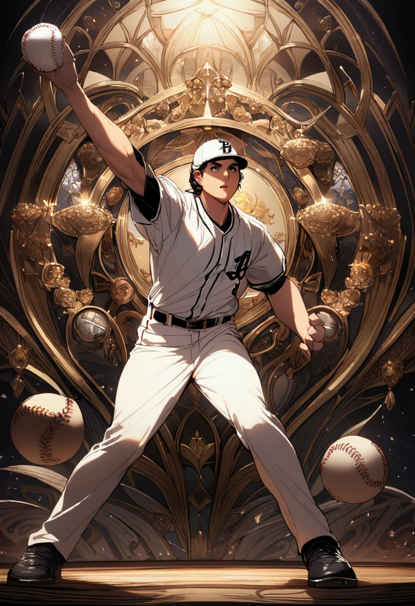The moment when the big breasted pitcher of baseball is pitching a baseball ball, full body shot