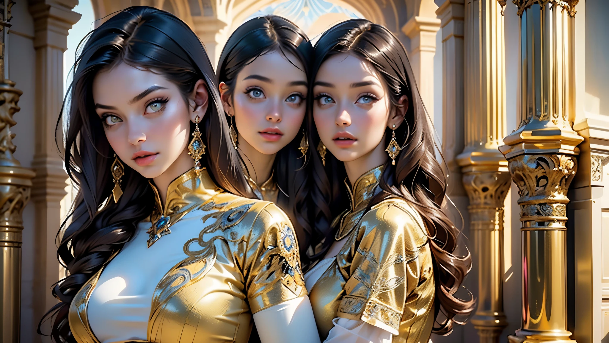 2girls,multiple girls,(((beautiful brunettes identical twins in middle of composition:1.5))),(brunette long hair:1.5),detailed and intricate,very enormous breast:1.7),(((yellow_eyes:1.3))),intricate eyes,beautiful detailed eyes,symmetrical eyes,(((lustrous skin:1.5,bright skin: 1.5,skin tanned,shiny skin,very shiny skin,shiny body,plastic glitter skin,exaggerated shiny skin,illuminated skin))), shiny lips, very big ass,inflated legs,thick thighs,(symmetrical detailed face:1.7),toned, sexy, nsfw,

sexy,zettai ryouiki,tiny clothes,show skin,(arabian clothes, harem outfit, arabian dancing girl, belly dancer outfit, sex slave, jewelry, sheer loincloth, pelvic curtain, midriff, bracelets,),(arabian jewelry,intricate necklace),((((silk loincloth:1.5,transparent loincloth)))),navel:1.5,(((gold clothes))),

(dynamic pose:1.0),embarrassed,(centered,scale to fit dimensions,Rule of thirds),

indoors,(huge columns of an Arab palace,arab palace,arab palace background),scenery,extremely scenery,arab style,

(Glossy arab ornaments),highres,sharp focus,(ultra detailed,extremely detailed),(photorealistic artwork:1.37),(extremely detailed CG unity 8k wallpaper),(((vibrant colors,vibrant theme))),(intricate),(masterpiece),(best quality),artistic photography,(photography taken by sldr),(intricate background),perfect rendered face,perfect face details,realistic face,photo realistic,((intricate detail)),(((realism))),
