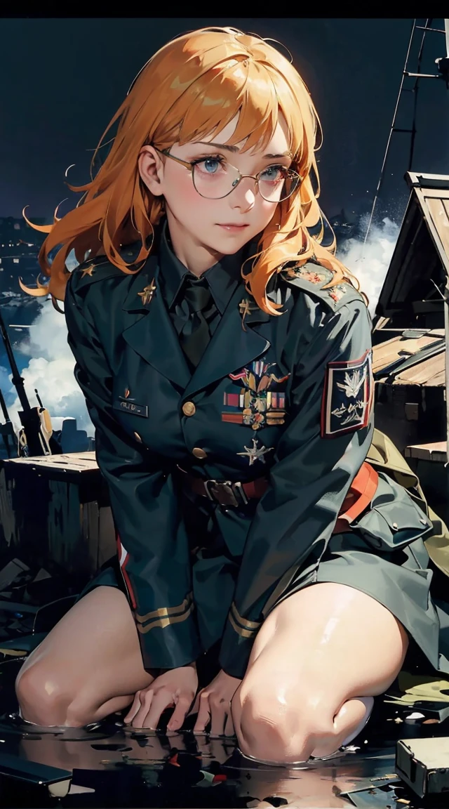 Future World,A perfect example of artificial intelligence,5143 and later, 8K, Very detailed , perfection，Ultra detailed face，16-year-old girl，eight-headed body，Silky light blue hair，Bit Girl，A device with an optical rifle in both hands，Futuristic Background，During night combat，Rifle shooting scene，smile，Dress Type，wear a khaki military jacket,Troop jacket with Japan flag patches、matrix、Blade Nanner　1girl,(orange_hair:1.1),(zentangle, mandala, tangle, entangle:0.6),(Fractal Art),the most beautiful form of chaos,brutalist designed,　　 torn frayed tattered socks, 
sitting, wariza, leaning forward, ruins, crumbling world, storm, black hole, puddle, 
sharp focus, looking at viewer, 
(intricate:1.1), (dark blue theme:1.1), (dark blue tone:1.1), (grey tone:1.1), illustration, (anime coloring:1.1),  modest, remote shooting, detailed beautiful delicate face, Detailed beautiful delicate eyes, perfect facial proportions, High definition skin, thin skin, best four inch aspect ratio. With a thumb, a masterpiece, highy detailed, Realistic, (German World War II general uniform reference : 1.8), the highest facial resolution, , mulher modestmente vestida, fully dressed, ( mic, blackquality hair, black bangs straight, super thin braids, bangs straight, Red glasses, dark green eye, science fiction, Fighter aircraft, standing On the landing of a Fighter aircraft, the agency, a deeply intelligent personality, A calm expression, a respectful face, a war, a Fighter aircraft　BIGHIP　bigass　FUCKOFF　FUCKFUCKFUCK