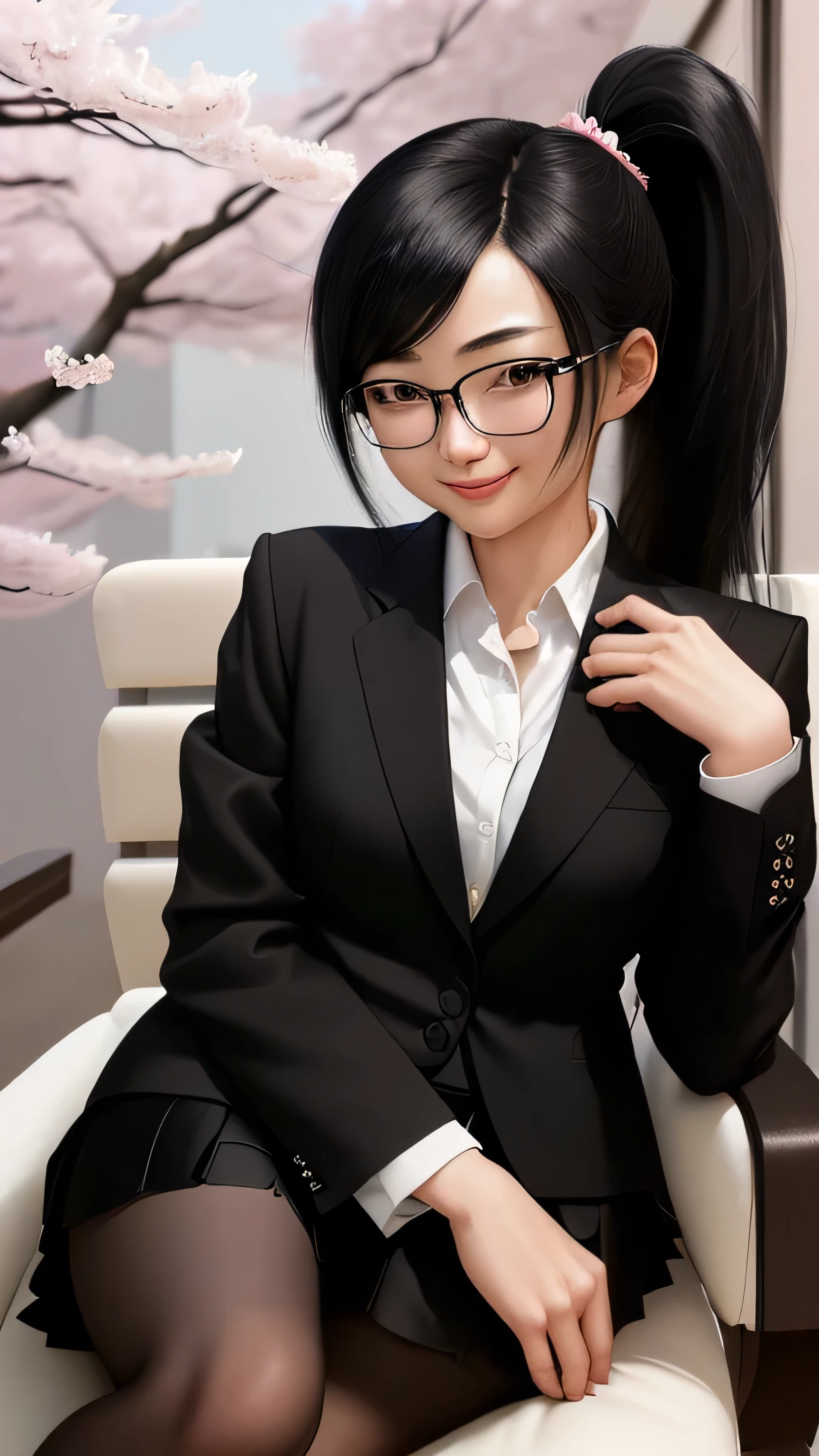 A 25-year-old intelligent Japanese woman with black hair in a ponytail, wearing glasses, and a cherry blossom hair accessory. She is dressed in a black suit with a white shirt, black skirt, and black pantyhose. The woman is sitting in a luxurious chair in an executive office, smiling gently.