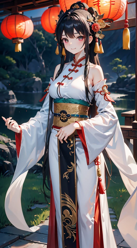 Immortal Cultivation风格，中式Immortal Cultivation风格，Fantasy style，Chinese background，Xianxia Background，Xianxia style background，Fantasy style背景，Pavilion background。Fairy，Fairy，HanfuFairy，Hanfu，Hanfu女性，Traditional Chinese hairstyle，Hairpin，Hairpin，Hairpin，Step head ornaments，Chinese hair accessories，maternal，maternal，A loving smile，Gentle smile，Immortal，Immortal Cultivation，Fairy，，Hanfu，Hanfu，露肩Hanfu