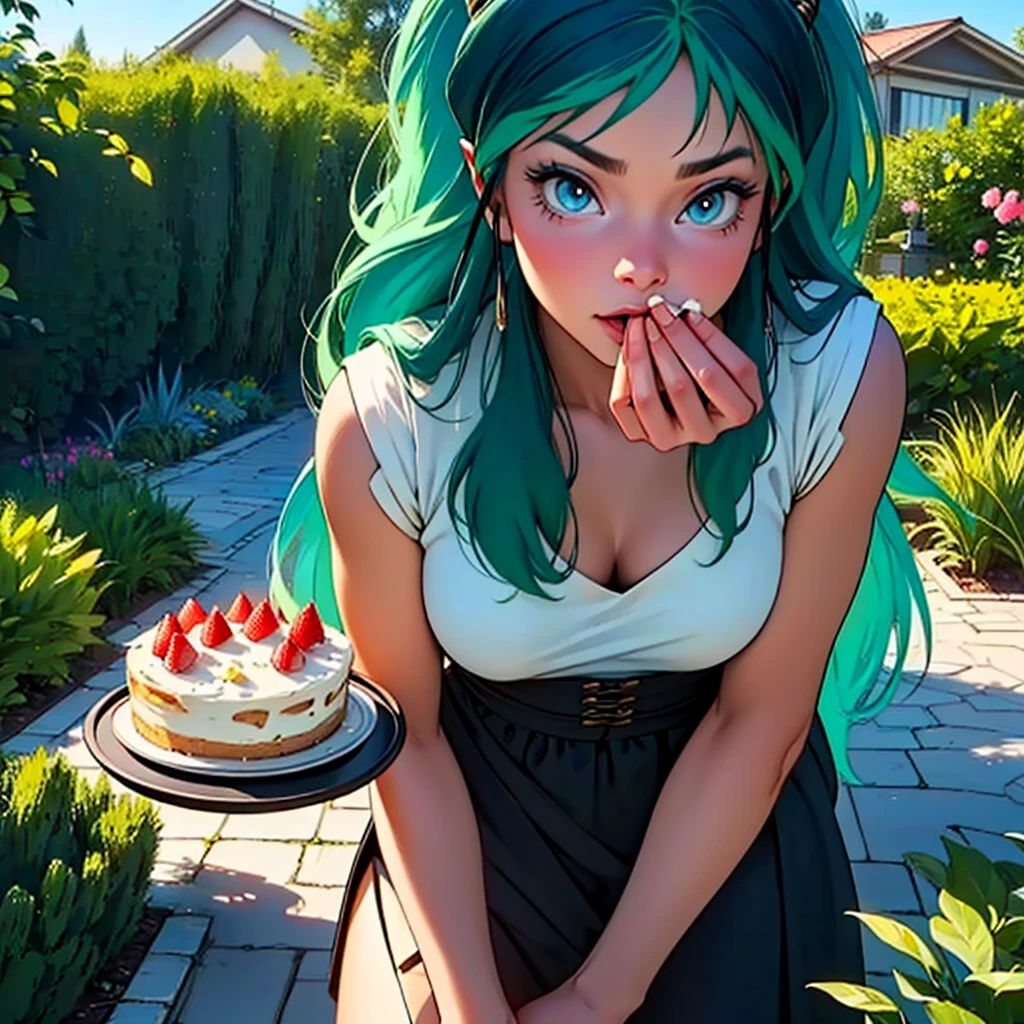 lum, 1girl, long hair, horns, (two-tone hair, green hair, aqua hair:1.1), blue eyes, beautiful detailed eyes, beautiful detailed lips, extremely detailed face, longeyelashes, holding cake, quarter of cake missing, cream on mouth, expression of shame and surprise, a house with a lawn, a barbecue area, a small garden, detailed landscape, beautiful detailed flowers, detailed foliage, detailed wooden fence, detailed cobblestone path, detailed outdoor furniture, detailed grill, detailed garden decor, (best quality,4k,8k,highres,masterpiece:1.2),ultra-detailed,(realistic,photorealistic,photo-realistic:1.37),landscape,vibrant colors,natural lighting,summer. full body.