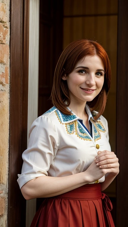 Aya Cash dressed in traditional Croatian clothing and smiling