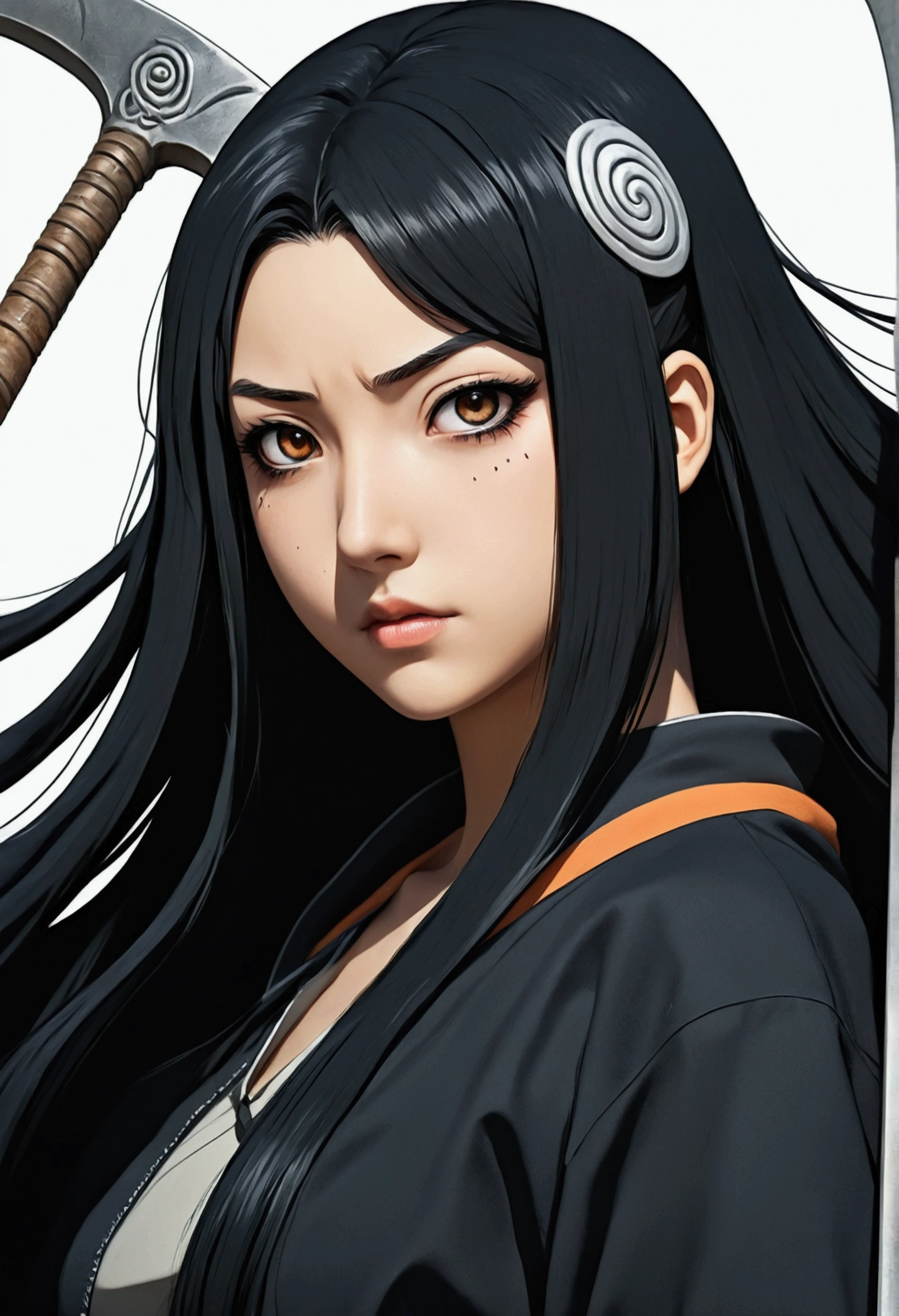 Anime girl with long black hair, black eyes an clam expression with a scythe. In the Naruto universe