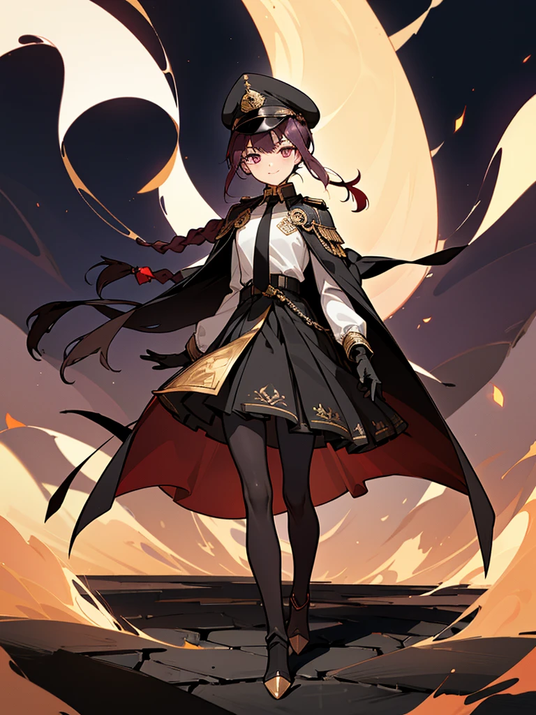 realisitic, City Deserted, Pile of rubble, Brick building, a one woman (18 years old, far away blackw hair, far away slits, Eyes red, glare eyes, 精致的面容, standing (In floor, feet shoulder-width apart), Lolita style military uniform (blackw base, Red Insert, golden decoration, volantes, wide sleeves, dainty and delicate detailing armors), blackw far away gloves (blackw, Red Insert, golden decoration, small hands, armors), blackw far away gloves, knee high boots (blackw, high-heels, red soles), ha (blackw, aba dourada, shield emblem, delicate details), arms in front, Front of belly, Holding military swords with both hands (blackw, golden decoration, delicate detail, Handle at the top, Ground-facing blade, in front of the body, far away), night sky (blackw, stele, Increased flames and smoke) Pale painting style, One Girl, super high quality, Super Detail, Super Detailed image, long hair, looking at viewer, skirt, shirt, hair ornament, violet eyes, gloves, round glasses, long sleeves, hat, closed mouth, jacket, violet hair, braid, open clothes, necktie, black gloves, black skirt, uniform, single braid, open jacket, black jacket, black headwear, 手链, peaked cap, black necktie, cropped jacket, military hat, pantyhose, Flat Chest, smile, Black Cape
