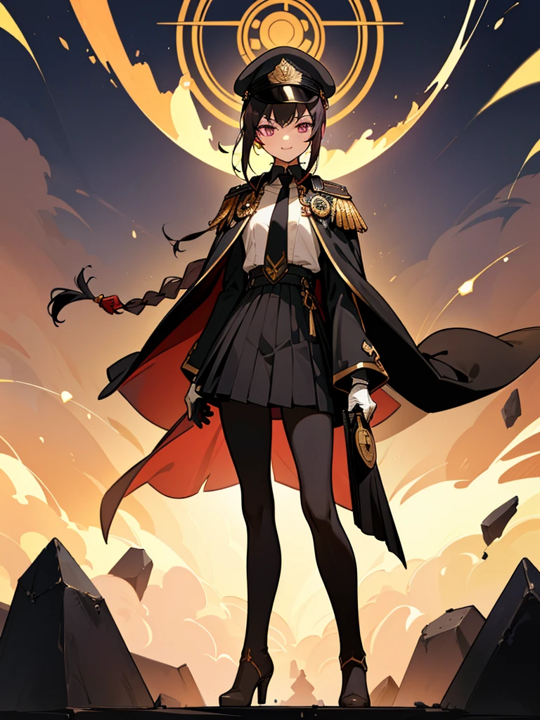 realisitic, City Deserted, Pile of rubble, Brick building, a one woman (18 years old, far away blackw hair, far away slits, Eyes red, glare eyes, 精致的面容, standing (In floor, feet shoulder-width apart), ta style military uniform (blackw base, Red Insert, golden decoration, volantes, wide sleeves, dainty and delicate detailing armors), blackw far away gloves (blackw, Red Insert, golden decoration, small hands, armors), blackw far away gloves, knee high boots (blackw, high-heels, red soles), ha (blackw, aba dourada, shield emblem, delicate details), arms in front, Front of belly, Holding military swords with both hands (blackw, golden decoration, delicate detail, Handle at the top, Ground-facing blade, in front of the body, far away), night sky (blackw, stele, Increased flames and smoke) Pale painting style, One Girl, super high quality, Super Detail, Super Detailed image, long hair, looking at viewer, skirt, shirt, hair ornament, violet eyes, gloves, round glasses, long sleeves, hat, closed mouth, jacket, violet hair, braid, open clothes, necktie, black gloves, black skirt, uniform, single braid, open jacket, black jacket, black headwear, 手链, peaked cap, black necktie, cropped jacket, military hat, pantyhose, Flat Chest, smile, Black Cape