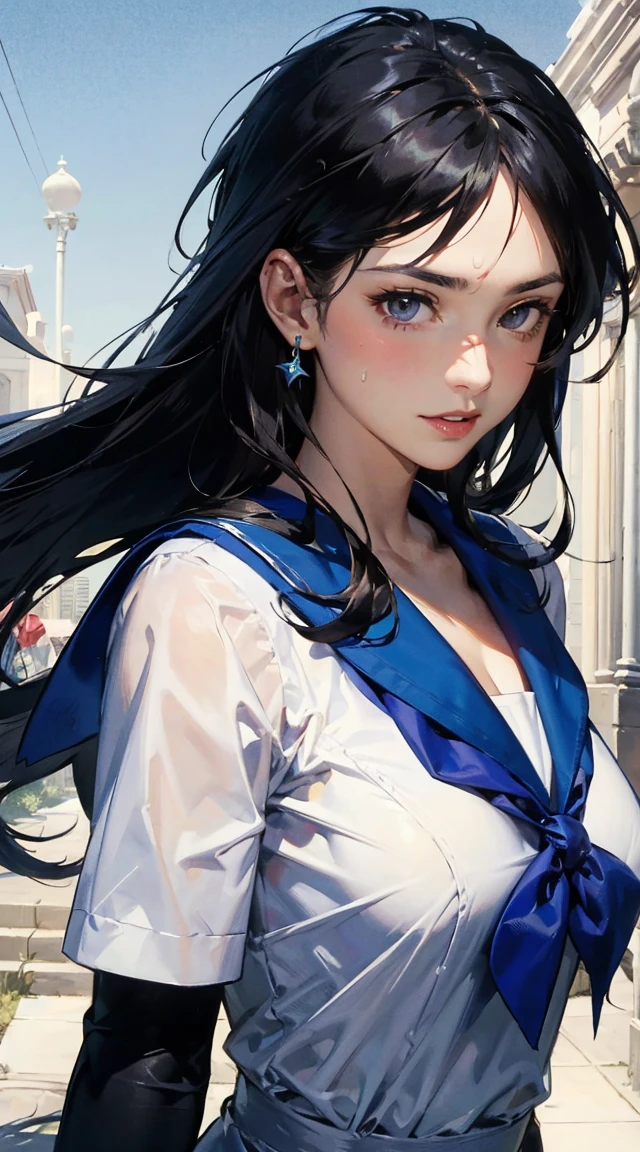 primer plano de un hermoso rostro femenino, bonitos ojos, intrincado, escote, labios suaves, sonriente, Travieso, mirada seductora, pecas, corona, joyas con grandes pechos 　The main character is Usagi Tsukino, a clumsy and seemingly ordinary teenage girl who discovers that she is the reincarnation of Sailor Moon, the legendary warrior of love and justice. Usagi is joined by other Sailor Guardians, including Sailor Mercury, Sailor Mars, Sailor Jupiter, and Sailor Venus, each of whom possesses unique powers and abilities. Together, they fight evil forces, protect the world from various threats, and search for the Moon Princess.　(extremely detailed CG unity 8k wallpaper), (masterpiece), (best quality), (ultra-detailed), (best illustration), (best shadow), (absurdres), 
BREAK
girl, sweat, steam, medium breast, nsfw, shy, looking at viewer, 