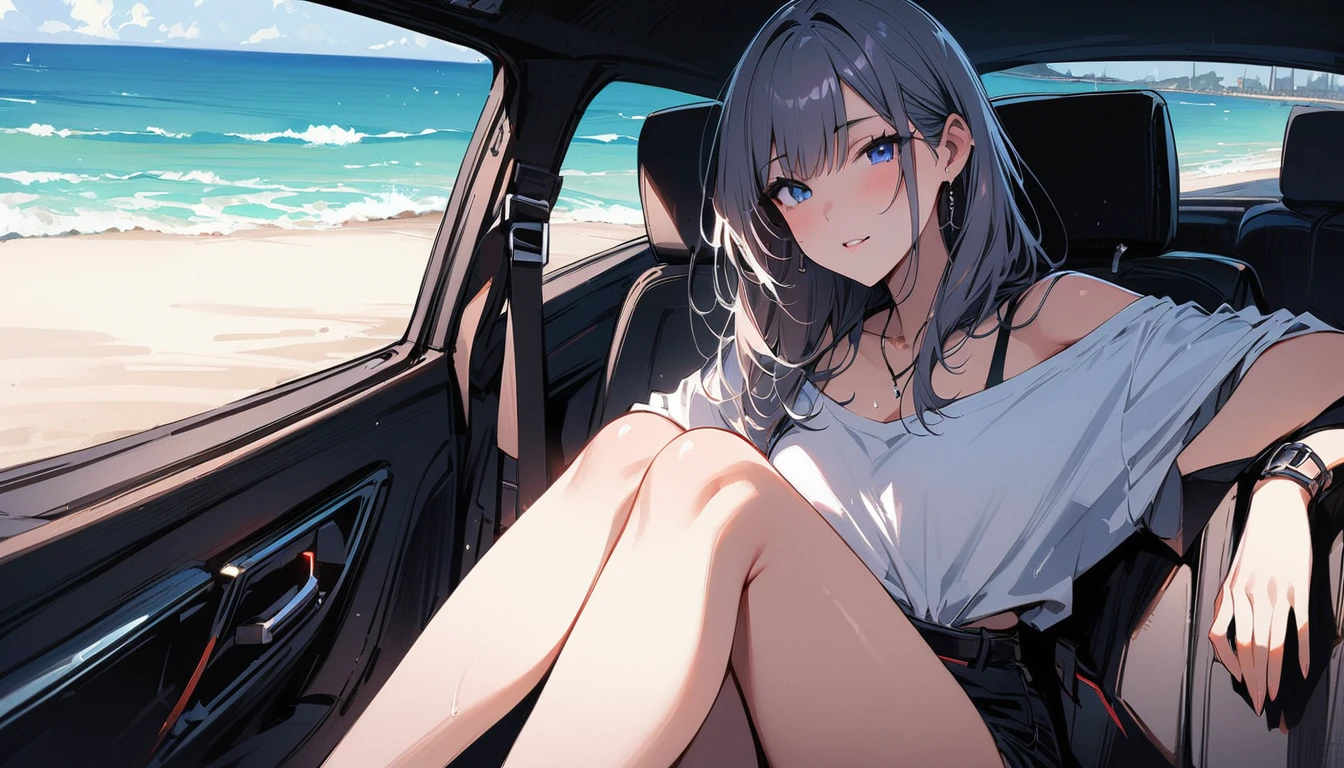 (masterpiece, Highest quality:1.2), 1 Girl, alone,Eyes open,Are you having fun,Tropical atmosphere,Riding in a car near the sea