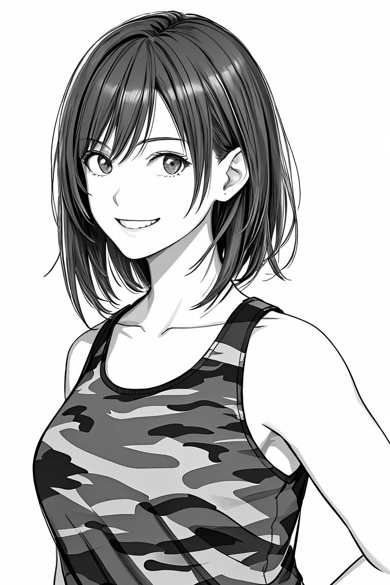 masterpiece,, One girl, alone, short, , tie, White Background, Monochrome, Line art, ((sketch))、Facing forward、Wearing a camouflage pattern tank top、smile、Teeth are visible、Arms crossed