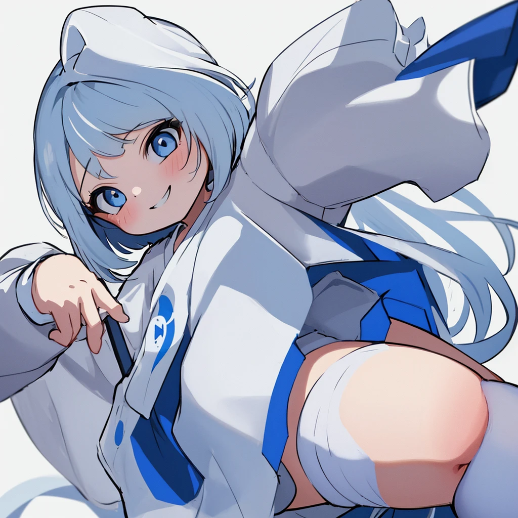 masterpiece, best quality, ultra detailed, 1girl, ((chibi girl)), ((cute)), smile, (full body), bob cut, big beautiful blue eyes, (white lab coat, simple designed blue shirt, blue skirt, white socks, blue sippers), (white background), (simple background), (one hand on hip), (empty-handed), ((point finger)),