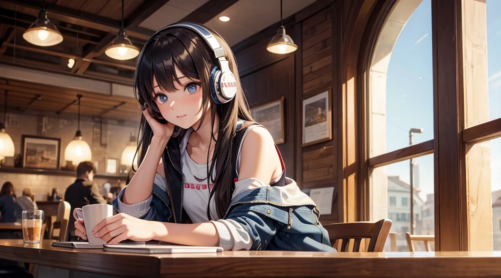 Girl with headphones enjoying music in a cafe I am studying Emphasize a little bit of the chest