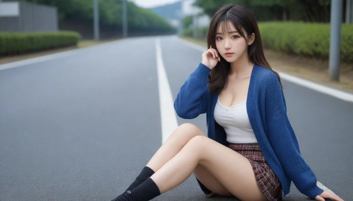 8K, Ultra-high resolution, Highest quality, masterpiece, 三分割法によるphotograph,Surreal, photograph, 1 Girl, (:1.3), pretty girl, Cute face, Beautiful eyes in every detail, 細かくdetailedに,masterpiece,One Girl:1.2, Japan Female Announcer,whole body,from below,Fearful expression,Black Hair,Messy hair,Cyber city of the near future,Wearing a cardigan sweater on your back、Girl crouching in the middle of the road, Plaid pencil skirt, High socks and black shoes,Beautiful leg line beauty,Realistic Skin, Perfect and beautiful face ,完璧でCute face, Skin with attention to detail, Perfect limbs、Narrow waist、Thin legs),Looking at the audience、beauty,Long neck、(((Ideal body type))),A cup small breasts :2,Portraiture:2,Perfect Anatomy,鮮明なdetailed,detailed,Surreal,Light and shadow,darkness