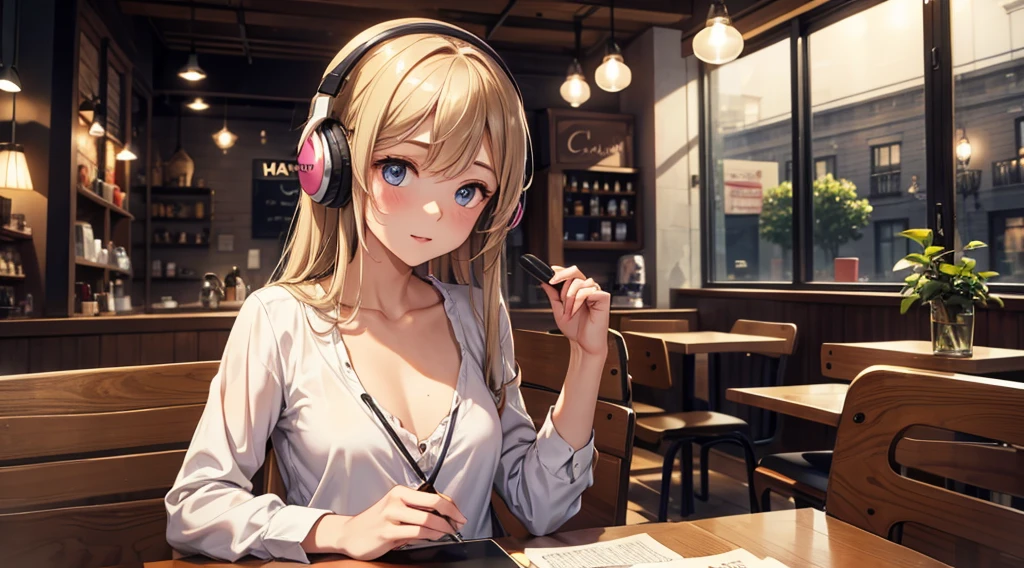 Girl with headphones enjoying music in a cafe I am studying Emphasize a little bit of the chest