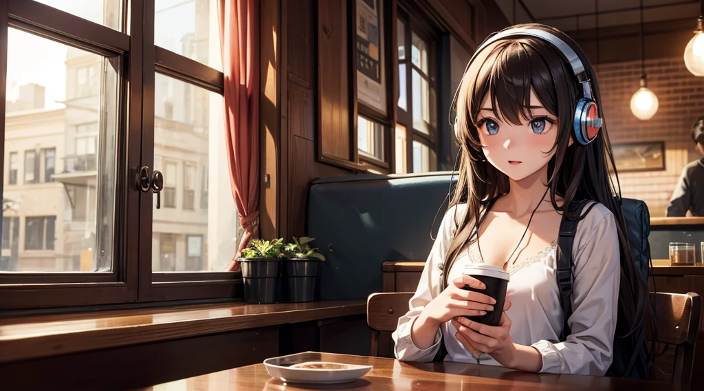 Girl with headphones enjoying music in a cafe I am studying Emphasize a little bit of the chest
