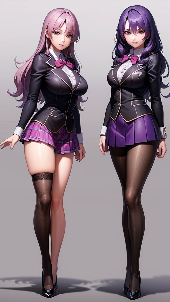 a masterpiece of two  girls with curly purple hair, hazel eyes, and matching school uniforms with sexy lace accents, ribbons, and rainbow short skirts, wearing white thigh-high socks and black high heels, posing together with a serious expression, flat color background, full body, ultra-detailed, (best quality,4k,8k,highres,masterpiece:1.2),ultra-detailed,(realistic,photorealistic,photo-realistic:1.37)