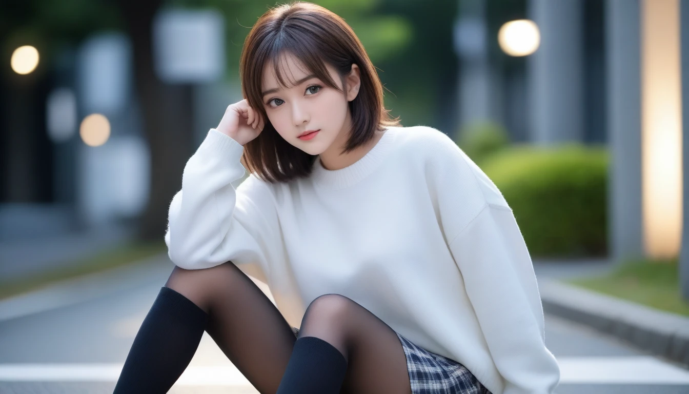 8K, Ultra-high resolution, Highest quality, masterpiece, 三分割法によるphotograph,Surreal, photograph, 1 Girl, (16 years old:1.3), pretty girl, Cute face, Beautiful eyes in every detail, 細かくdetailedに,masterpiece,One Girl:1.2, Japan Female Announcer,whole body,from below,Fearful expression,Black Hair,Messy hair,Cyber city of the near future,Wearing a cardigan sweater on your back、Girl crouching in the middle of the road, Plaid pencil skirt, High socks and black shoes,Beautiful leg line beauty,Realistic Skin, Perfect and beautiful face ,完璧でCute face, Skin with attention to detail, Perfect limbs、Narrow waist、Thin legs),Looking at the audience、beauty,Long neck、(((Ideal body type))),A cup small breasts :2,Portraiture:2,Perfect Anatomy,鮮明なdetailed,detailed,Surreal,Light and shadow,darkness