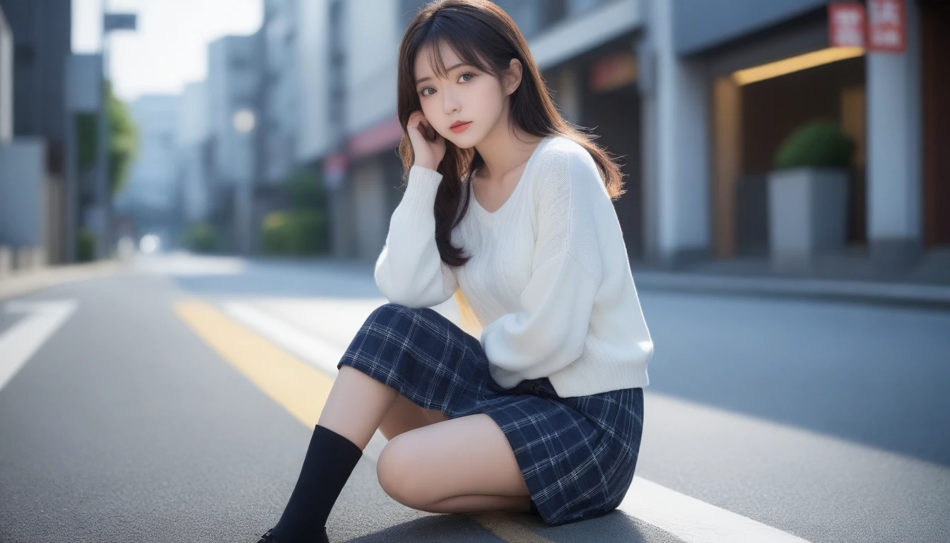 8K, Ultra-high resolution, Highest quality, masterpiece, 三分割法によるphotograph,Surreal, photograph, 1 Girl, (:1.3), pretty girl, Cute face, Beautiful eyes in every detail, 細かくdetailedに,masterpiece,One Girl:1.2, Japan Female Announcer,whole body,from below,Fearful expression,Black Hair,Messy hair,Cyber city of the near future,Wearing a cardigan sweater on your back、Girl crouching in the middle of the road, Plaid pencil skirt, High socks and black shoes,Beautiful leg line beauty,Realistic Skin, Perfect and beautiful face ,完璧でCute face, Skin with attention to detail, Perfect limbs、Narrow waist、Thin legs),Looking at the audience、beauty,Long neck、(((Ideal body type))),A cup small breasts :2,Portraiture:2,Perfect Anatomy,鮮明なdetailed,detailed,Surreal,Light and shadow,darkness